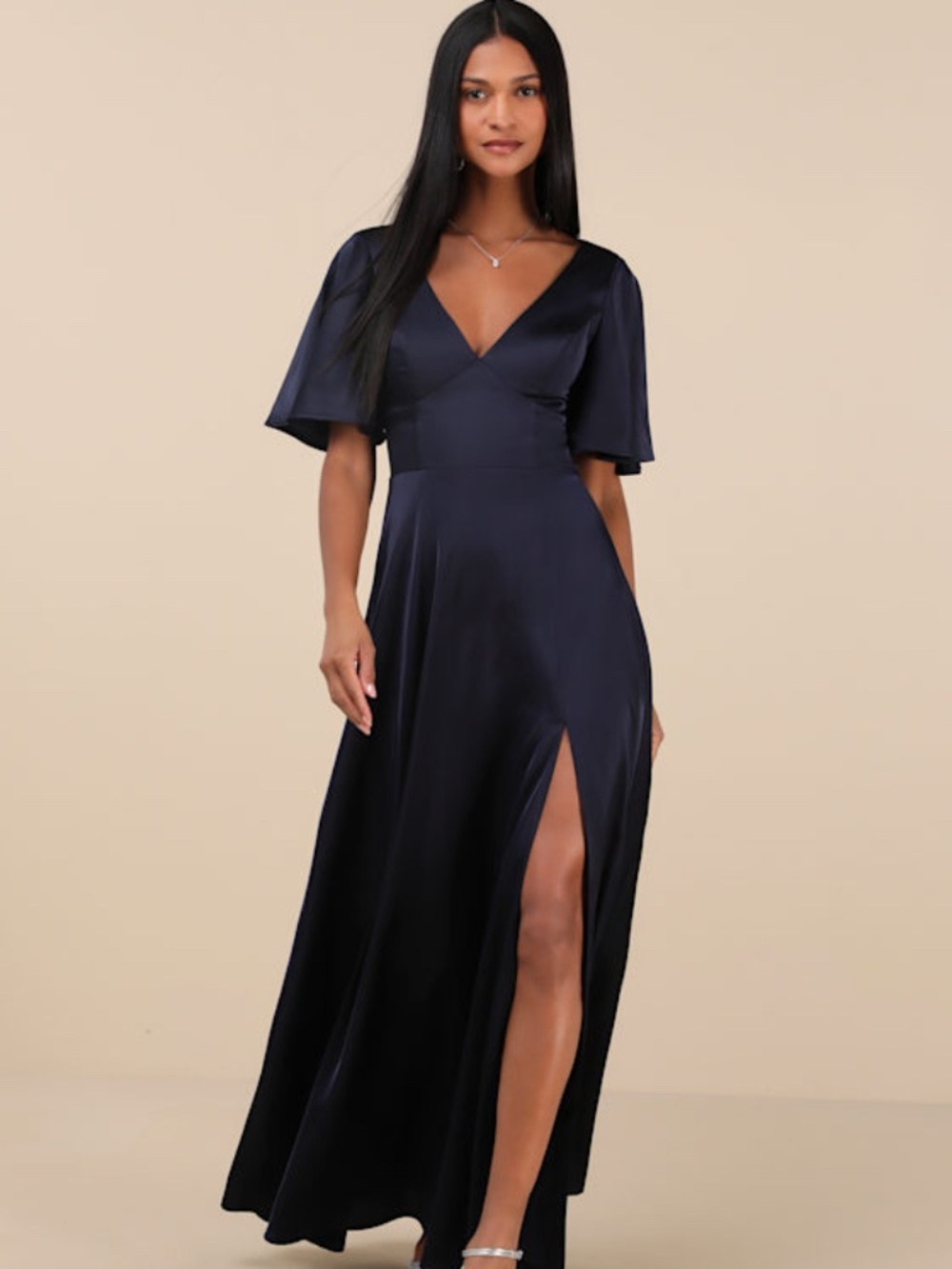 Lulus Elegant Confidence Navy Satin Flutter Sleeve Cutout Maxi Dress Blue